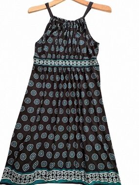 Max Studio Sleeveless Black Dress Teal Print Sundress Summer Boho Festival 🌻